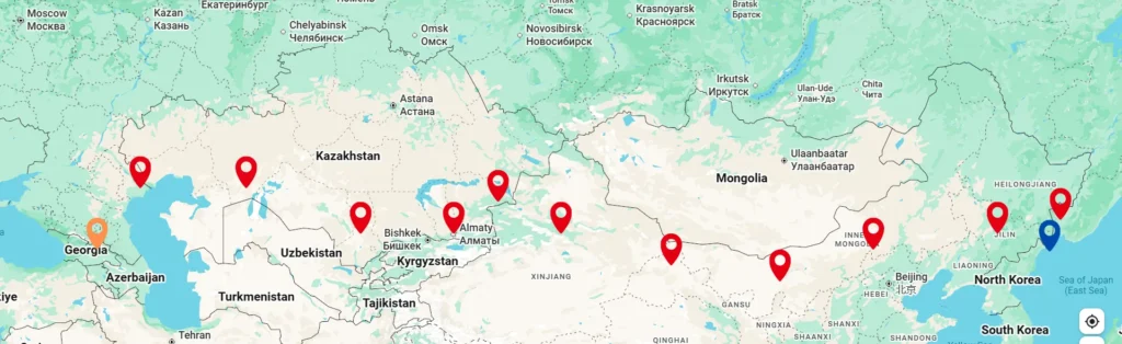 My route from Georgia to the Far East marked with pins