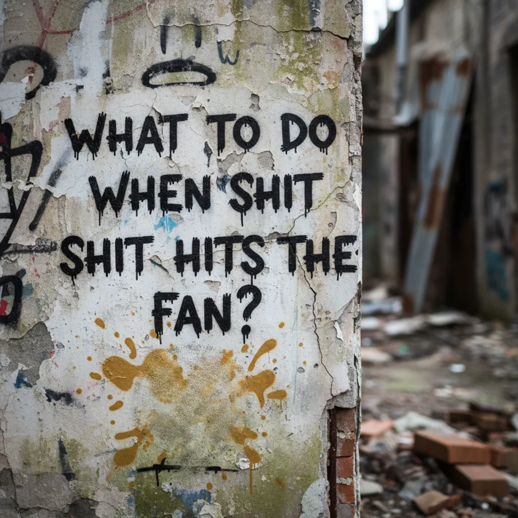 A writing on the wall that says: ''What to do when shit hits the fan?''