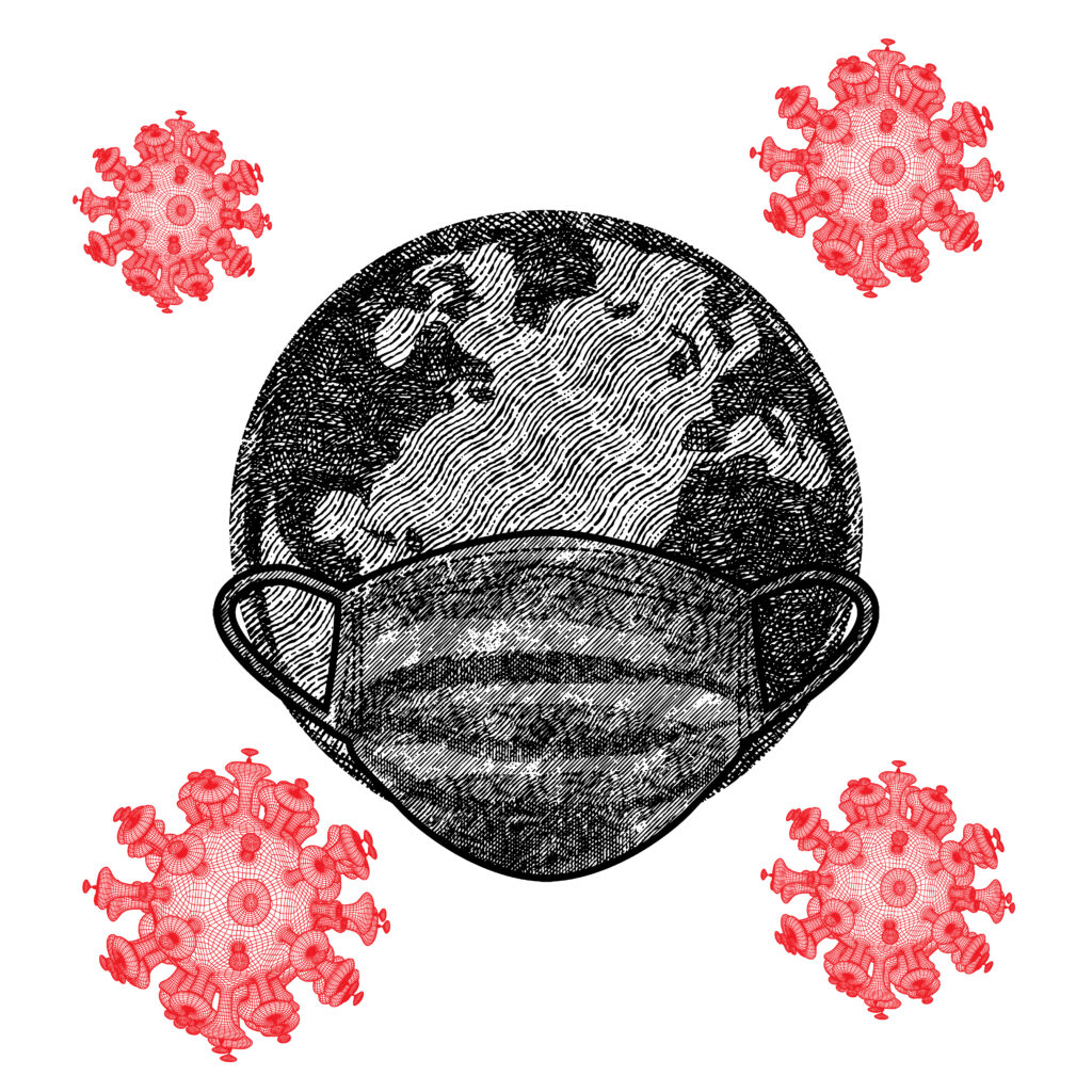 An imagine of the Earth wearing a mask and four individual coronaviruses around it